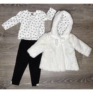 Little Me 3 Piece Set Infant Girls Long Sleeve Black White Bow Plush Jacket 12M‎